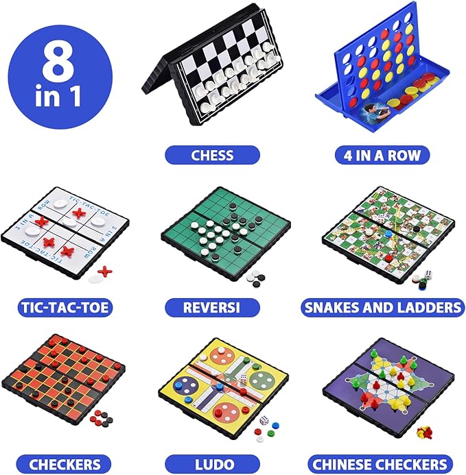 8-in-1 Mini Magnetic Chess Game Set with Portable Folding Magnet Board Pocket Games, Family Trips Camping Activities Party Games for Kids and Adults