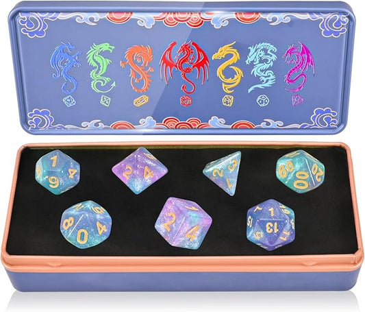 DND Dice Set with Dragon Totem Metal Gife Case, Dungeons and Dragons Dice Set,Polyhedral Dice Set Filled with Shiny Glitters,Role Playing Games and Tabletop Games (Blue&Pink)