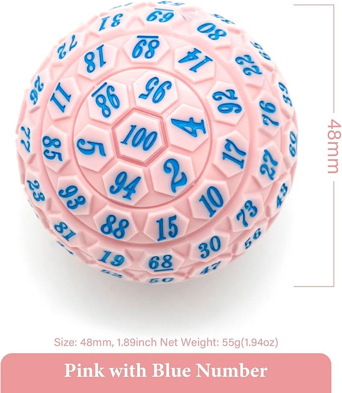 100 Sided Polyhedral Dice, Single D100 Game Dice, 100 Sided Cube with Black Pouch, D100 die 48 mm (Pink with Blue Number)