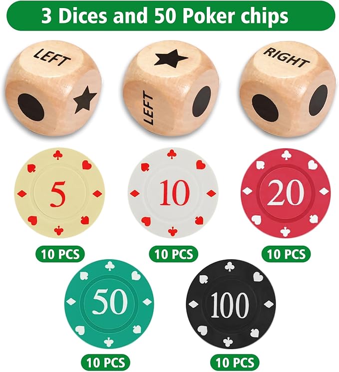 ZLIXING 3 Pcs Dice with 50 Pcs Poker Chips for Left Right Center Dice Game Set Family Board Games Travel Party Funny Cool Stuff Gadgets