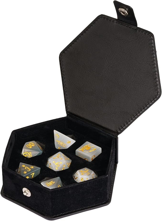 UDIXI Gemstone Dice Set 7PCS Stone DND Dice with Gift Case for Dungeons and Dragons Tabletop Game (Cat's Eye Stone)