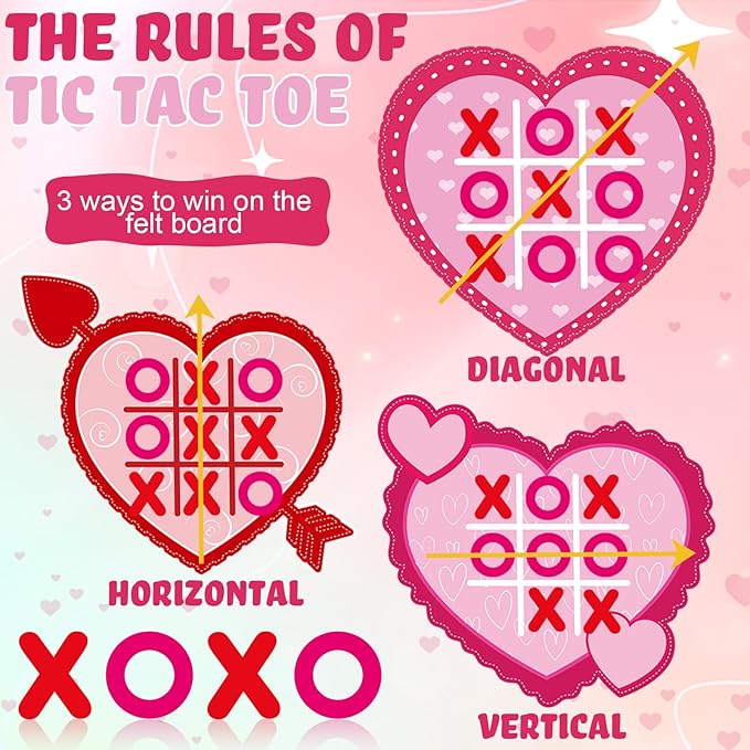 24 Pack Valentines Day Tic Tac Toe Game Strategic Board Felt with Storage Bags Valentine's Day Games Classroom for Party Favors Goodie Bags Gift Exchange Prizes(Heart)