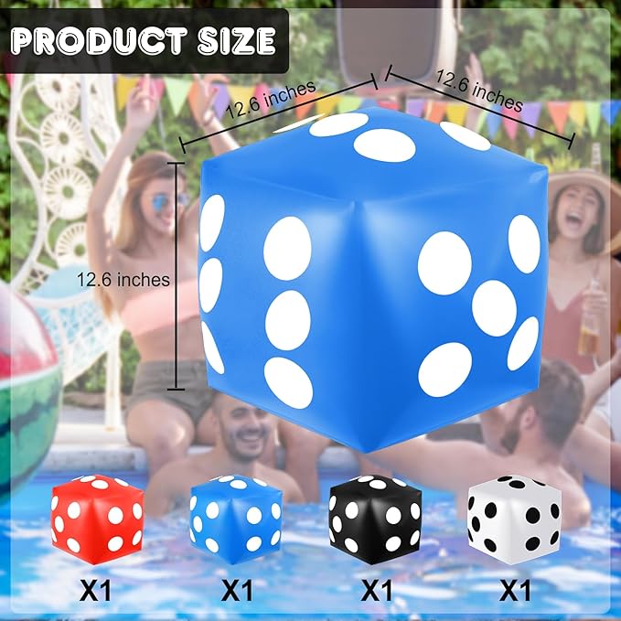 4 Pieces Jumbo Inflatable Dice 12.6 Inch Large Inflatable Dice Fun Game Toy for Indoor Outdoor Lawn Swimming Pool Party Favor Board Game Decoration (White, Black, Blue, Red)