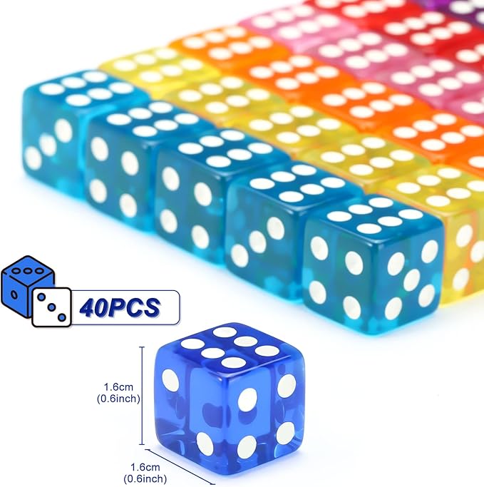 40pcs 6-Sided Game Dice Set Standard Game Dice for Broad Game Math Teaching Translucent Acrylic Game Dice with 8 Colors (5pcs/Set)