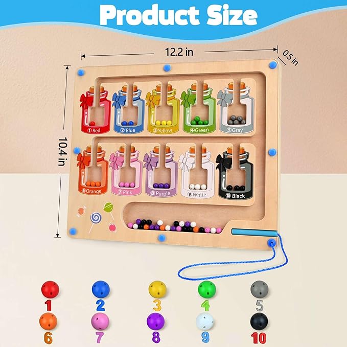 Magnetic Color and Number Maze, Montessori Toys Toddler Fine Motor Skills, Wooden Magnet Board Puzzle Game Color Sorting Counting Matching, Learning Gifts for Boys Girls 3 4 5 Years Old