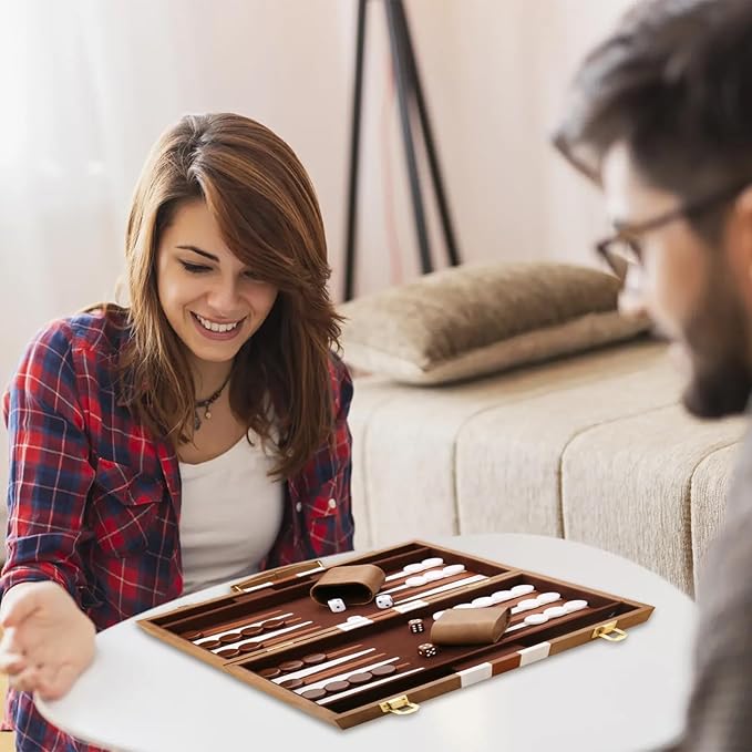 Backgammon Set - Classic Board Game with Premium Leather Case - Portable Travel Strategy Backgammon Game Set for Adults, Kids (11inch, Khaki)