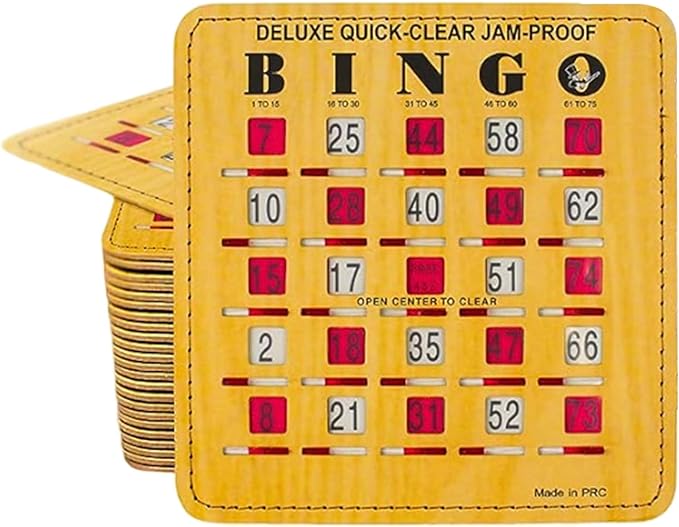 MR CHIPS Jam-Proof Quick-Clear Deluxe Fingertip Slide Bingo Cards with Sliding Windows 50 Pack in Woodgrain Style