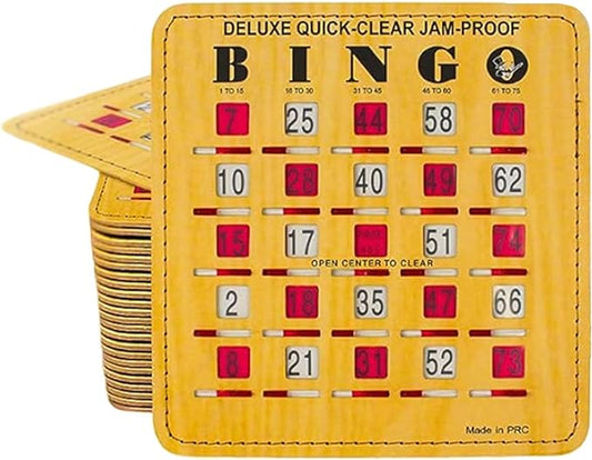 MR CHIPS Jam-Proof Quick-Clear Deluxe Fingertip Slide Bingo Cards with Sliding Windows 50 Pack in Woodgrain Style