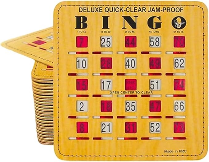 MR CHIPS Jam-Proof Quick-Clear Deluxe Fingertip Slide Bingo Cards with Sliding Windows 200 Pack in Woodgrain Style