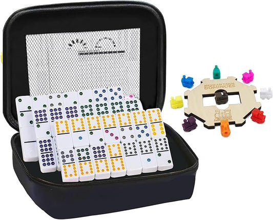 Double 12 Mexican Train Dominoes, 91 Tiles Dot Dominoes Games in Portable Case with 9 Trains Instruction Booklet Score Pads and Octagon Shape Hub Family Party Table Games