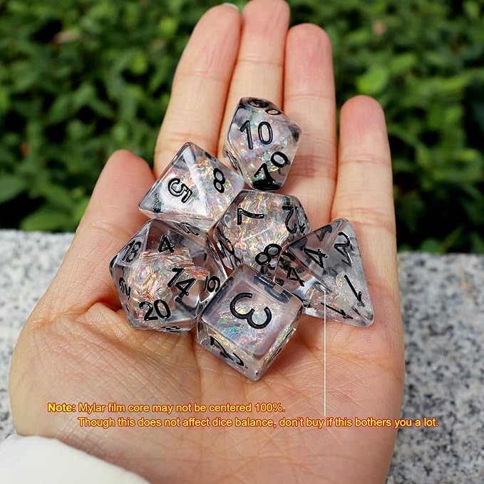 Haxtec Clear DND Dice Set 7PCS Filled Resin Polyhedral D&D Dice W/Iridescent Rainbow Mylar Inclusion for Roleplaying Games Dungeons and Dragons Gift