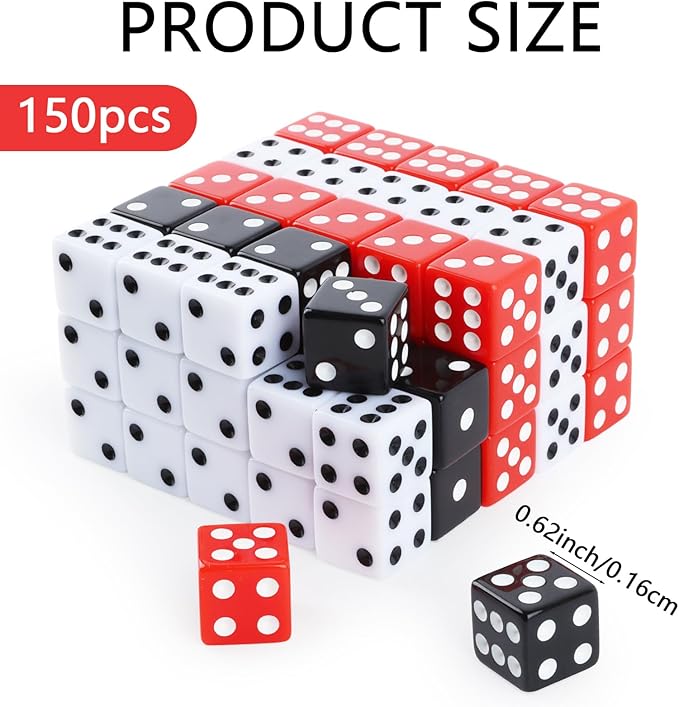 150 Pieces Dice Set 16mm Standard Game Dices with Black White Red Acrylic 6 Sided Colored Bulk Casino Dice for Casino Theme Party Board Games Vegas Birthday Party Supplies (Square Corner)
