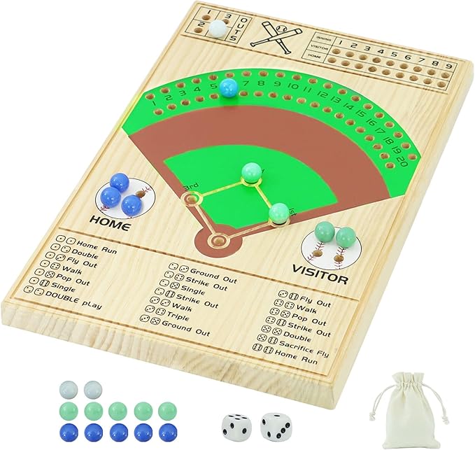 Baseball Dice Board Game Thick Solid Wood Dice and Marble Board Game Fun Color Pattern Double Battle Table Game for Family Party Holiday Gatherings (Log Color)…