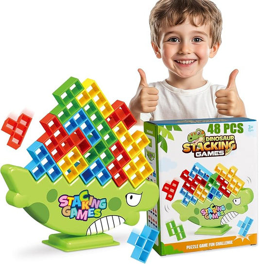 Stacking Balance Game for Kids & Adults - 3D Colorful Dinosaur Blocks 48PCS, Fine Motor Skill Development Toy, Retro Block Puzzle-Inspired Board Game, Gift for Ages 3+