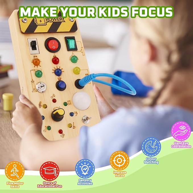 Busy Board with led Light， Sorting Sensory Travel Toys for Toddlers 1-3， Wooden Toddler Busy Board Montessori Toys for 1+ Year Old