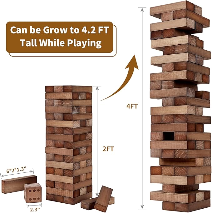 ApudArmis Giant Tumble Tower (Stack from 2Ft to Over 4.2Ft), 54 PCS Pine Wooden Stacking Timber Game with 1 Dice Set - Classic Block Giant Outdoor Game for Teens Adults Family(Brown)