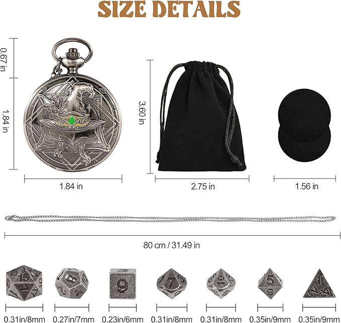 D&D Dice Set,7PCS Metal Dice for Dungeons and Dragons,Mini Dice Set with Pocket Watch Case,Role Playing Board Games Accessories (Wizard, Ancient Silver)