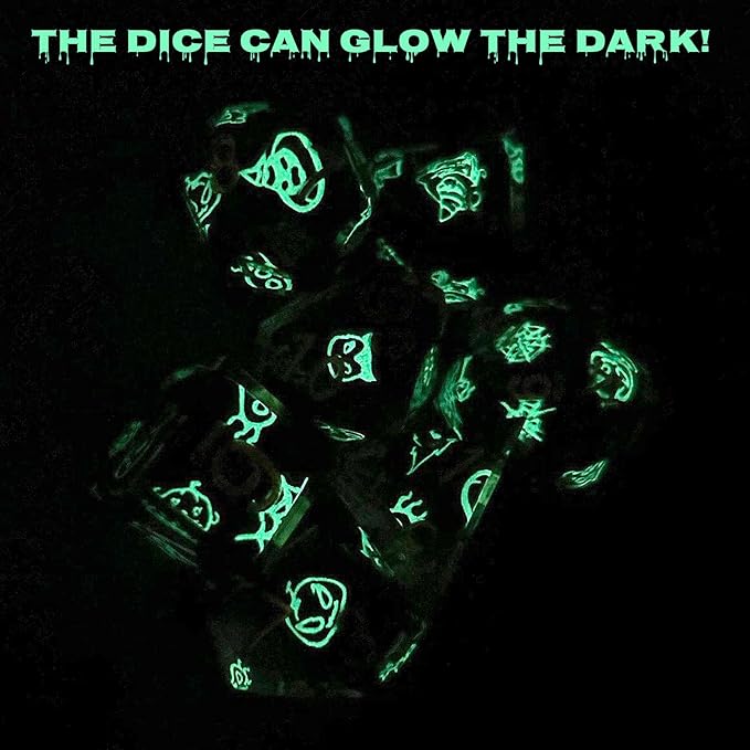 Haxtec Sticker Sharp Edge Dice Halloween Dice Resin DND Dice Set 7PCS Glow in The Dark Polyhedral D&D Dice for Dungeons and Dragons