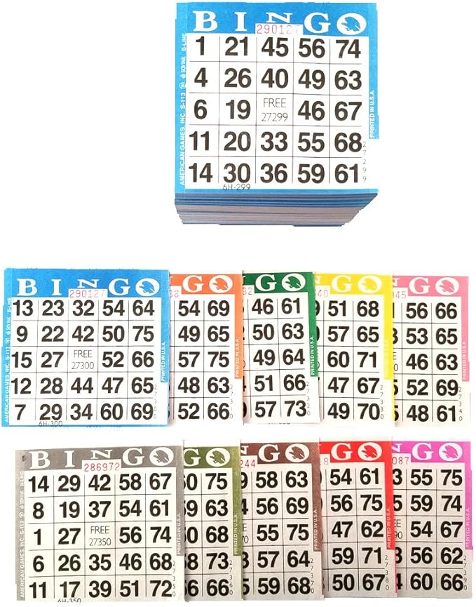Bingo Paper Game Cards - 1 Card - 10 Bingo Sheets - 200 Books - Standard Size (4" Square) - 10 Colors, Made in USA