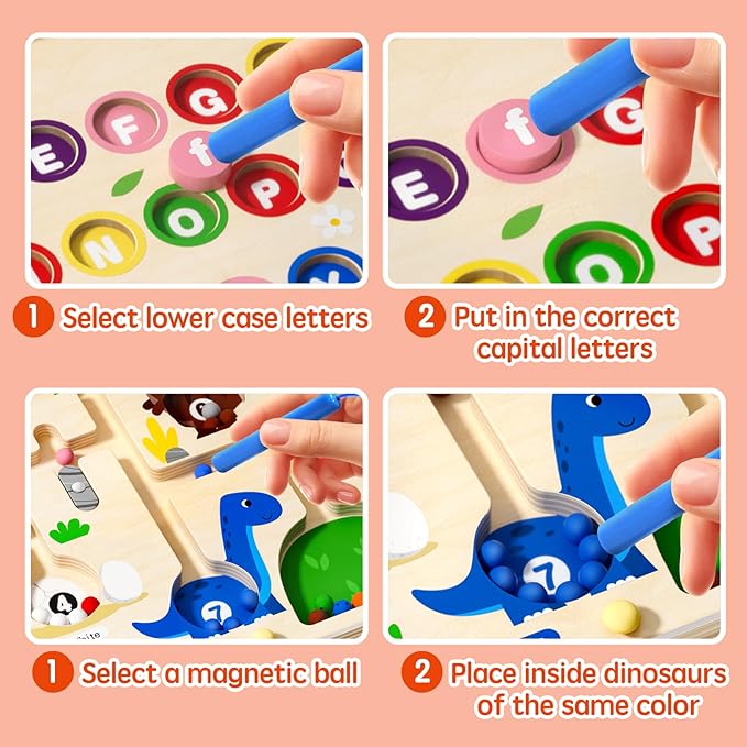 2 in 1 Magnetic Color and Number Maze Double-Sided ABC Alphabet Board Magenet Dinosaur Maze Preschool Montessori Education Toys (Dinosaur, Wood)