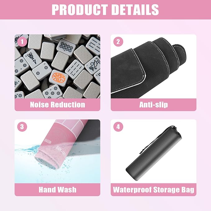 31.5 Inch Mahjong Mat for Table, 3MM Non-Slip & Noise Reduction Gaming Mat with Drawstring Bag, Perfect for Poker, Board Games, Card Games, Tile Games, and Dominoes (Pink)