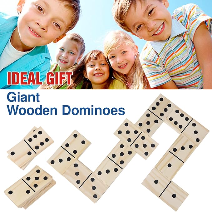 GOTHINK Giant Wooden Dominos Set for Adults and Kids,28pcs Jumbo Natural Wood Black-Dot Dominoes Tiles for Birthday/Holiday Family Party Games,Outdoor Camping Lawn and Backyard Activities 2-4 Players