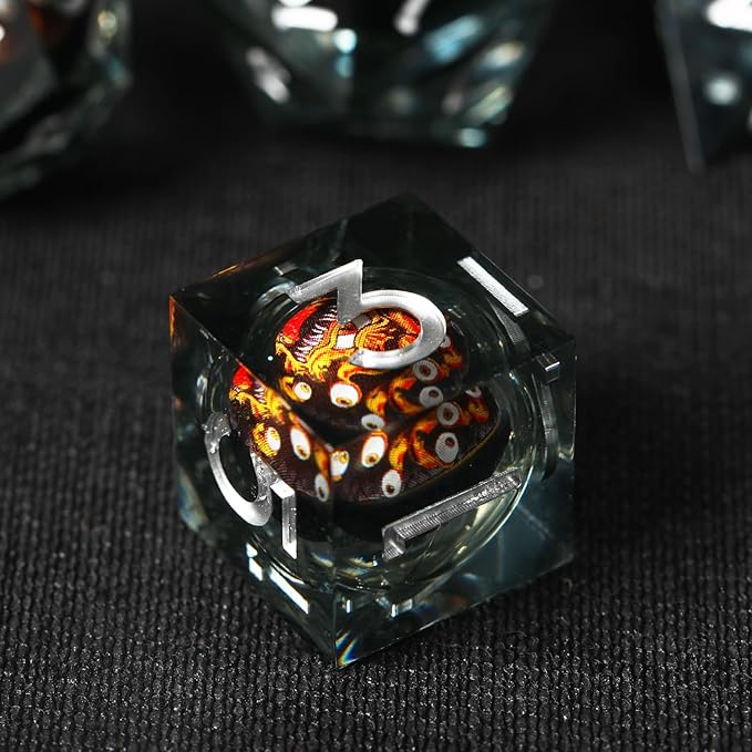 Cthulhu Beholder Polyhedral Resin Dice Set for Dungeons and Dragons Sharp Edge 7 PCS for D&D RPG Starter and Role-Playing Games, with Gift Box (Black-Orange)