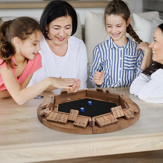 Shut The Box Game for 1-6 Players, Plusvivo Large Round Wooden Board Dice Game with 14 Dice for Adults, 6 Way Clever Math Game for Home Classroom or Pub