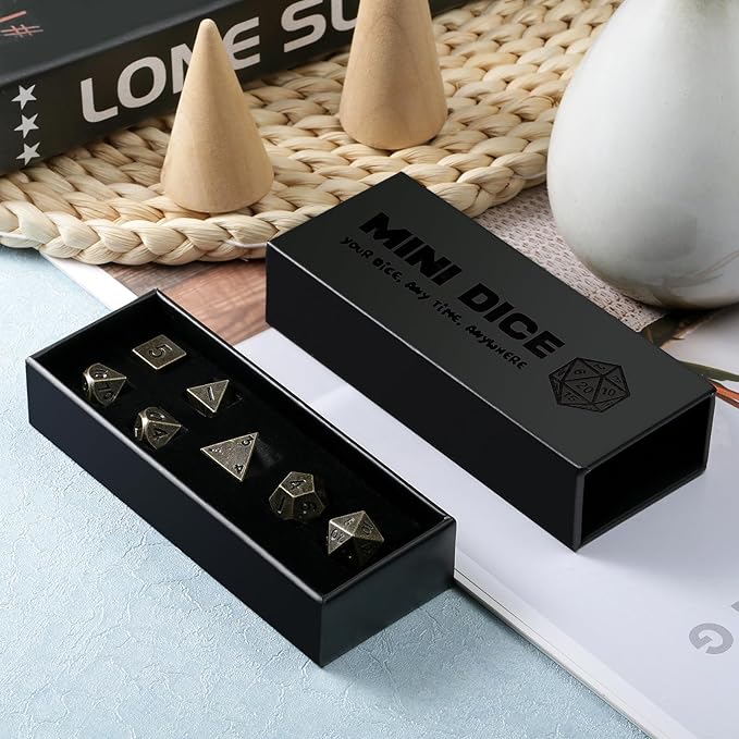 Mini D&D Dice Metal,DNDND 10mm Metallic D&D Dice Set with Gorgeous Gift Dice Box for Dungeons and Dragon DND Game (Brass)