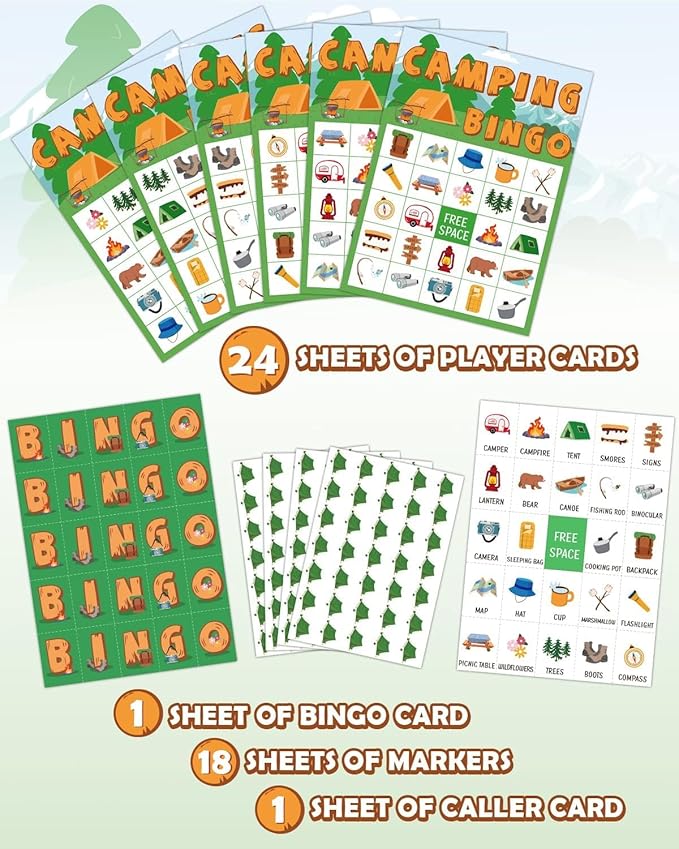 Camping Bingo Game Outdoor Indoor Activities Hike Field Trip Supplies Party Favors Card Games for Adults 24 Players Family Fun