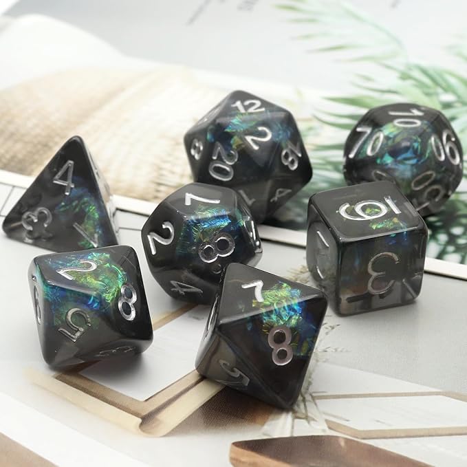 Haxtec DND Dice Set 7PCS Resin Dice Set Black with Iridescent Mylar Inclusion Polyhedral D&D Dice for Roleplaying Dice Games as Dungeons and Dragons