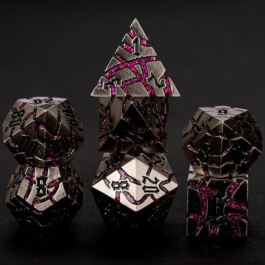 Metal Dice Set D&D,Crack Metallic DND Dice Set with Box, Metal Glitter RPG Dice for Dungeons and Dragons Table Game(Antique Silver Rose red)