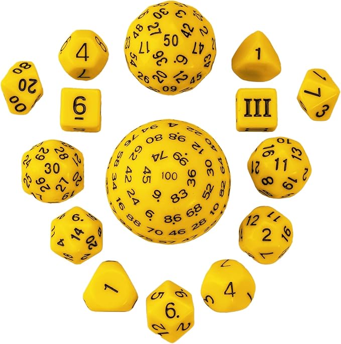 15 Pieces Complete Polyhedral DND Dice Set D3-D100 Spherical D&D Dice Set with Dragon Eye Dice Bag, D100 Dice for Dungeons and Dragons, RPG, MTG Table Games(Yellow w/Black Numbers)