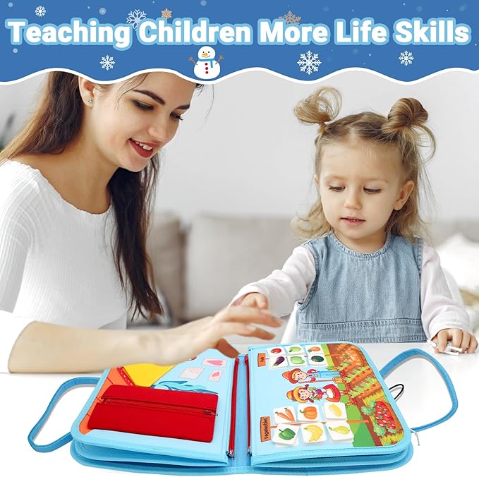 Montessori Busy Board, Baby Busy Book Educational Learning Toys for Toddlers Quiet Book Activity Books Buckle Toy Fine Motor Skills Toys for 1 2 3 4 5 Year Old Kids (Blue)