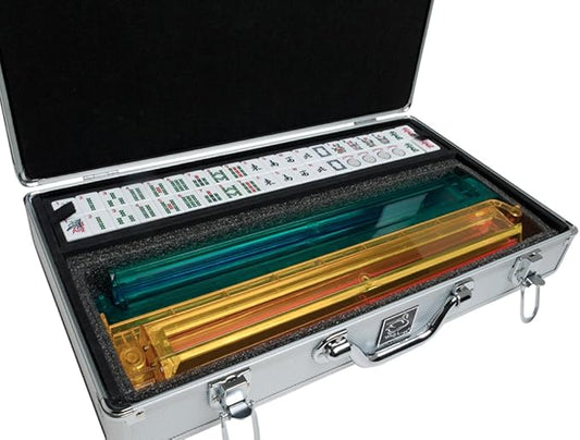 American Mah Jongg Set by White Swan - 166 White/Green Engraved Tiles - 4 x All-in-One Rack/Pushers - Aluminum Case - Silver