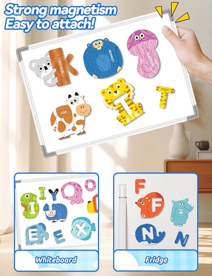 Large Size! Animals Fridge Magnets Alphabet Letters for Toddlers 1-3, 52PCS, ABC Magnets Toys, Magnetic Puzzles and Letters for Associative Memory, Educational Toys for 3 4 5 6, Gift for Boys Girls