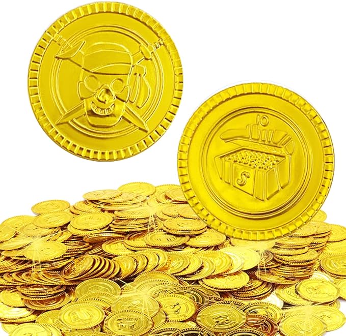 100 Pieces Plastic Pirate Gold Coins Set - Play Treasure Gold Coins for Pirate Themed Party, St. Patrick's Day, Treasure Hunt Game, Halloween and Novelty Party Favor