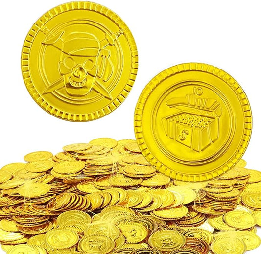 100 Pieces Plastic Pirate Gold Coins Set - Play Treasure Gold Coins for Pirate Themed Party, St. Patrick's Day, Treasure Hunt Game, Halloween and Novelty Party Favor