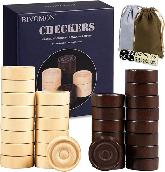 Classic Wooden Checkers Stackable Pieces, Backgammon Pieces, Set of 30 Checkers Pieces, 5 Dice, 2 Drawstring Storage Bags, Checkers (1.2 W X 0.4 H) Inches, Brown+Wood