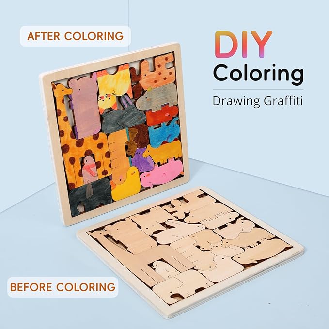 WODI Wooden Animal Puzzle Matching Game Montessori Toys for 3+ Year Old Puzzle for Toddlers Paint Your Own Animal Blocks with 12 Colored Pens Open Ended Toys Gifts for Kids