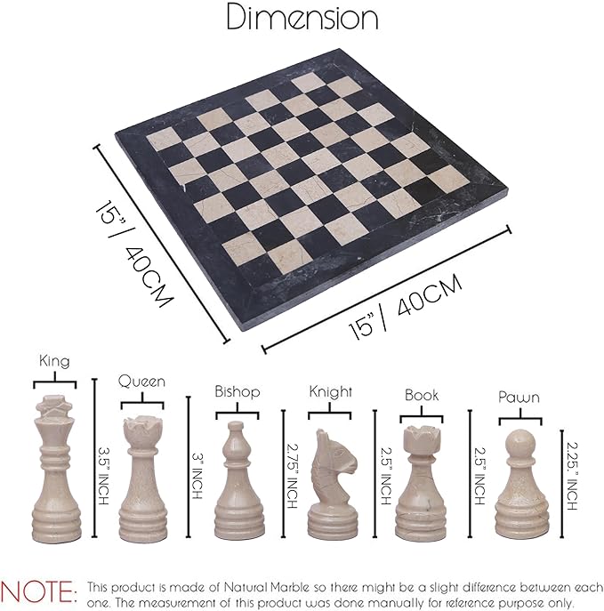15 Inch Luxury Chess Set Classic Chess Boards for Adults with Handcrafted Stone Board & Marble Chess Pieces Ideal for Home Decor (Black & Virona)