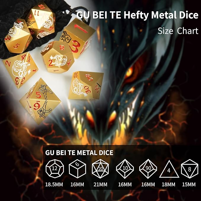Metal DND Dice Set, Dragons and Warriors DND Dice 7-pcs Metal Polyhedral Dice Set for Dungeons and Dragons RPG MTG Table Games (Gold)