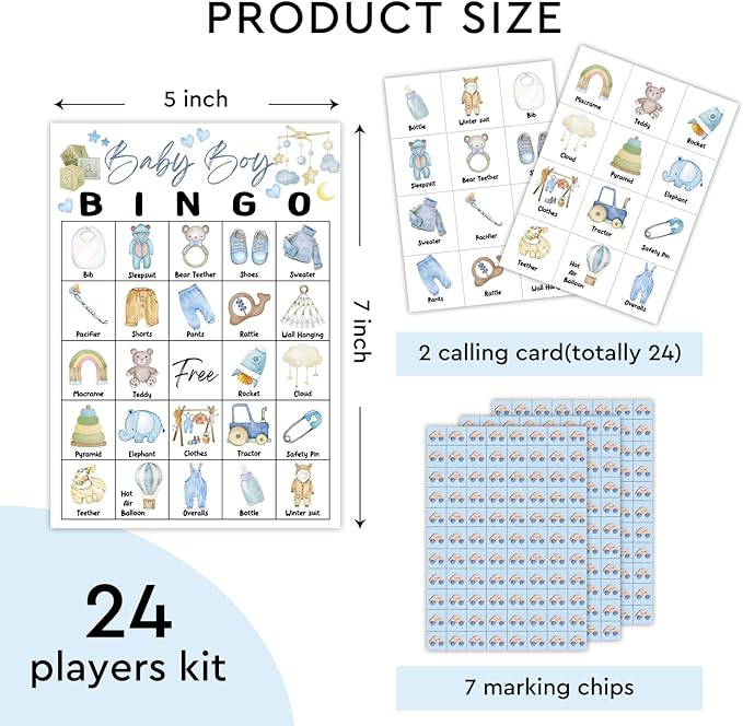 Blue Gender Reveal Bingo Game Cards - 24 Players, Neutral Gender Reveal Party Activities for Family Friends, Bingo Game Pregnancy Announcement Party Favor Supplies