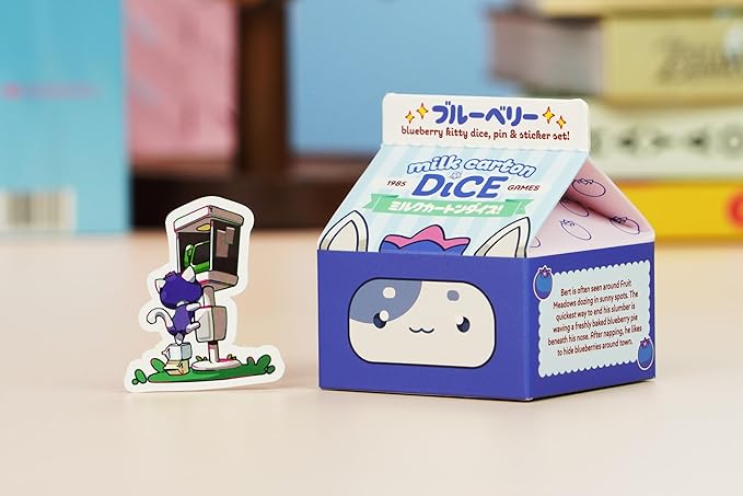 1985 Games Blueberry Kawaii Cat Dice Set – Milk Carton-Inspired Dice for DND | TTRPGs & Tabletop Roleplaying