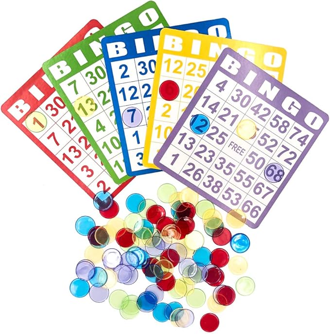 Yuanhe Bingo Cards Game Set - Includes 50 Bingo Cards and 500 Colorful Transparent Bingo Chips, for Bingo Games and Card Games
