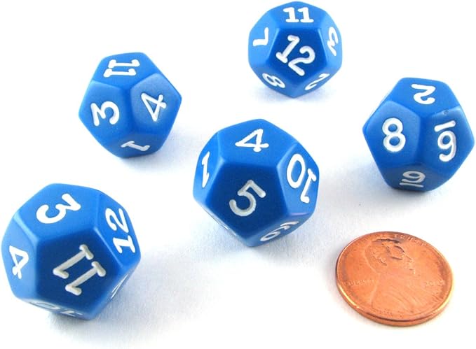 Koplow Games Set of 5 D12 12-Sided 18mm Opaque RPG Dice - Blue with White Numbers