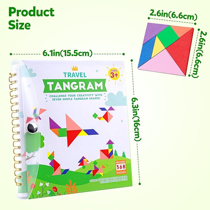 Travel Tangram Puzzle - Magnetic Puzzle Book for Road Trips, STEM Jigsaw Game with 2 Tangram Sets, Patterns Solutions - Brain Teaser IQ Toy for Kids and Adults, Ideal Educational Gift (368)