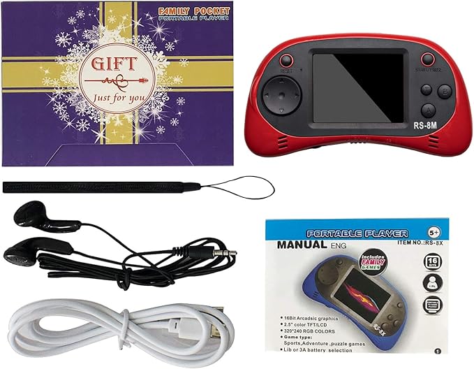 EASEGMER 16 Bit Kids Handheld Games Built-in 220 HD Video Games, 2.5 Inch Portable Game Player with Headphones - Best Travel Electronic Toys for Kids Age 3-10 Years Old Children (Red)