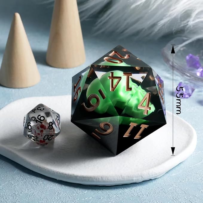 DNDND D20 Dice Resin Skull Single 20 Sided 55mm Polyhedral D&d Dice with Velvet Pouch for DND(Green Skull)