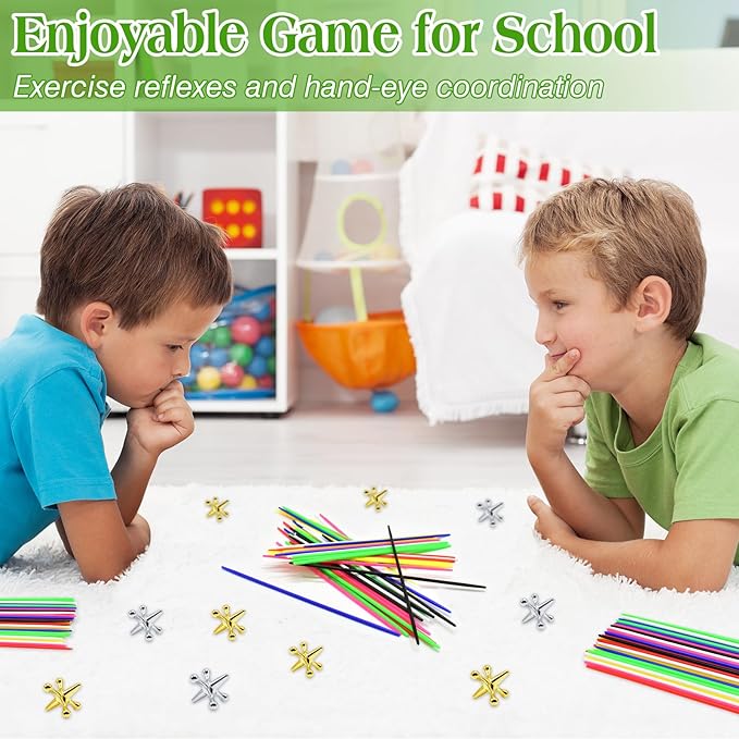 ZeeDix Pick Up Sticks and Metal Jacks Game with Ball Kit- Include 3 Pcs Red Rubber Balls and 30 Pcs Gold and Silver Metal Jacks, 180pcs Classic Pick Up Sticks Game for Kids Adults Family